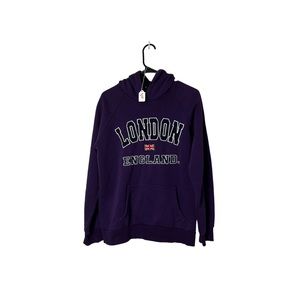 Purple sweater with stitched london and uk flag on sleeve